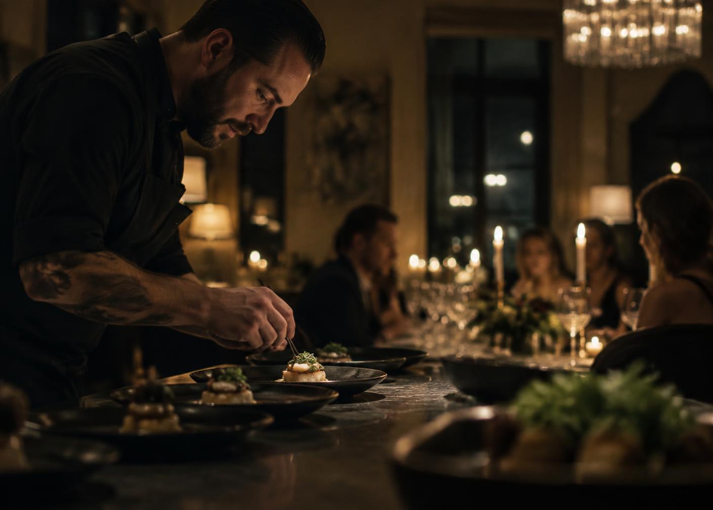 Chef plating a course at an intimate candlelit dinner