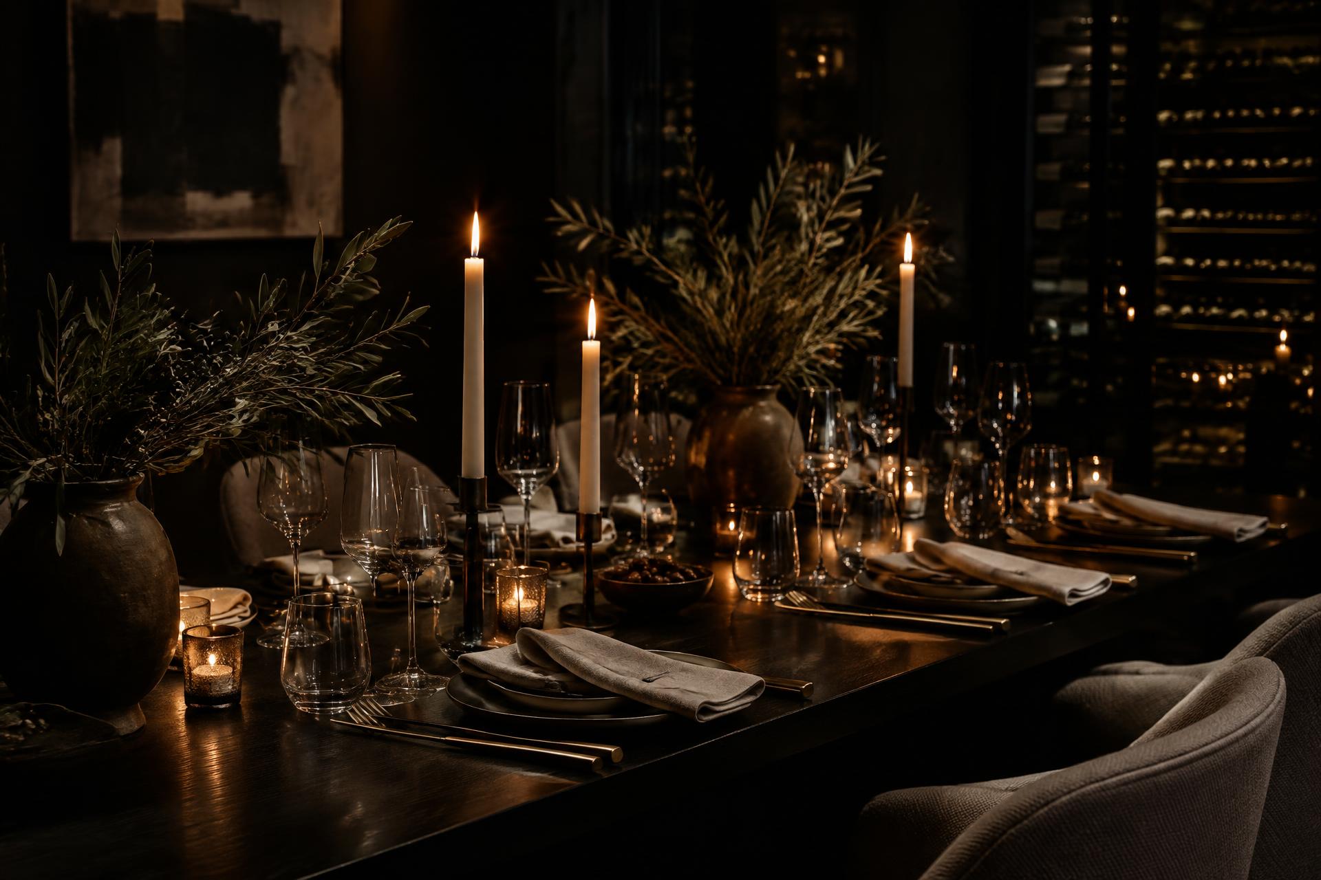 Candlelit private dining table set with ivory linen and gold cutlery